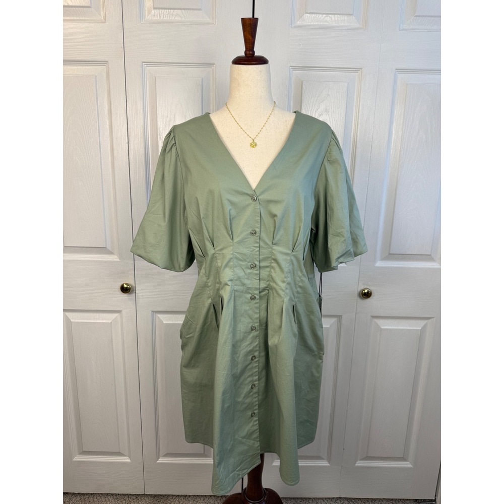 NEW Bailey 44 Sage Green Puff Sleeve Button Front A-Line Dress NWT Size L - Picture 2 of 9